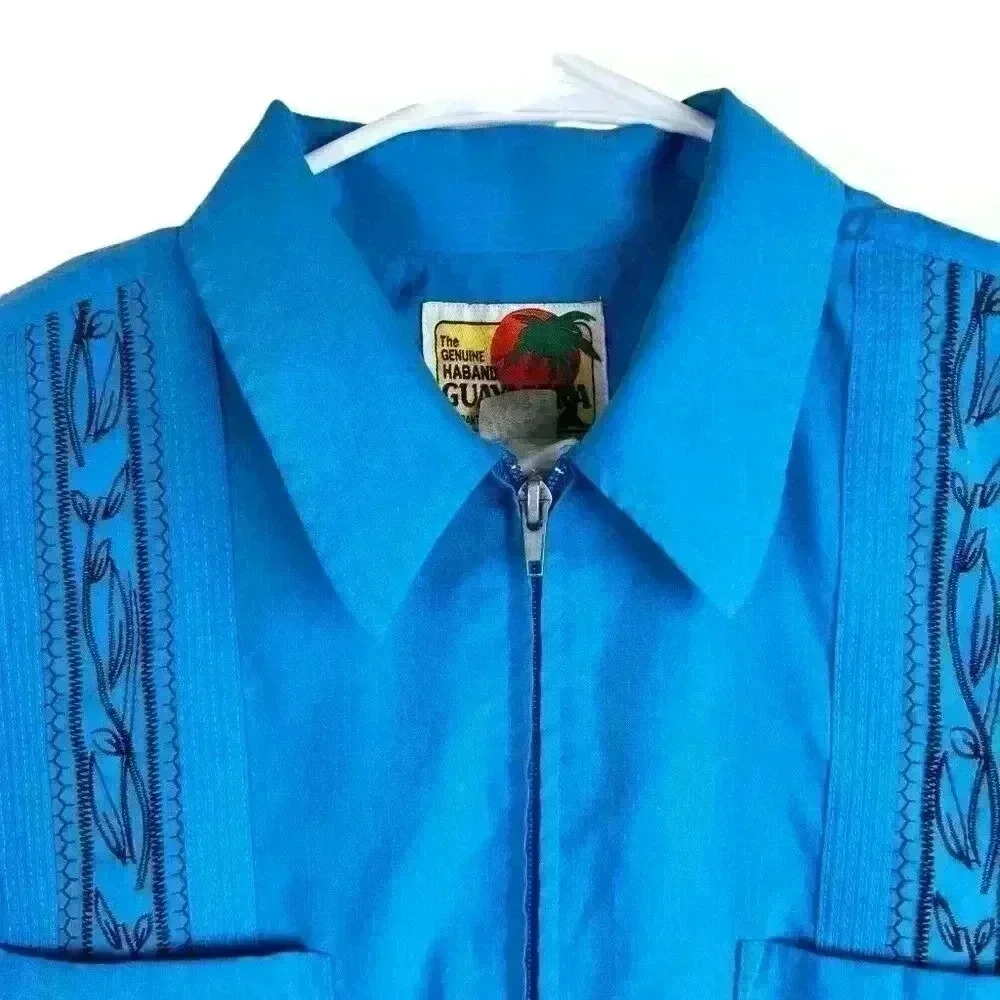 The Genuine Haband‎ Guayabera Full Zip Cuban Cigar Bowling Shirt Turquoise Men’s - Picture 3 of 10